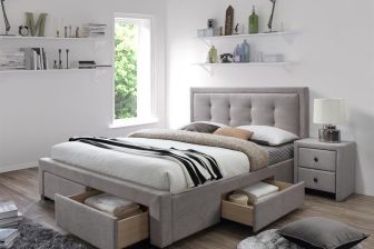 Jasne łóżko tapicerowane z szufladami EVOR 160 75