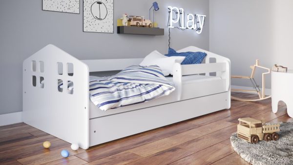 JAŚ 160- białe łóżko łóżeczko z materacem i szufladą w kształcie domku 1