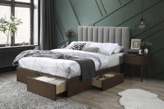 Łóżko z płyty MDF 160x200 drewno podobne tapicerowane z szufladami GORASHI 160 90