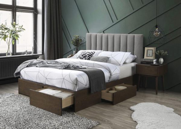 Łóżko z płyty MDF 160x200 drewno podobne tapicerowane z szufladami GORASHI 160 1