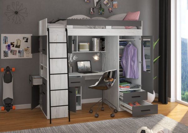 COMBI LEWE - zestaw młodzieżowy - łóżko piętrowe z biurkiem, szafą i półkami na książki KOLORY 1