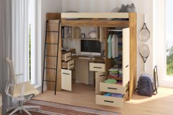 Łóżko piętrowe z biurkiem i szafą, półkami i regałami SMOBY 9