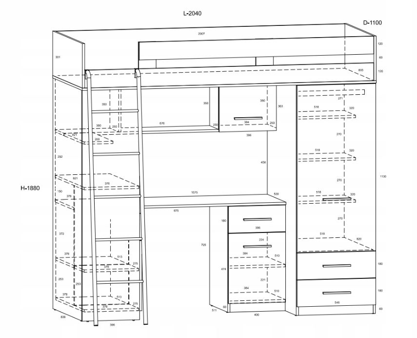 Łóżko piętrowe z biurkiem i szafą, półkami i regałami SMOBY 12