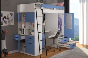 Zestaw młodzieżowy - łóżko piętrowe z biurkiem, szafą i półkami na książki KOLORY COMBI LEWE 14