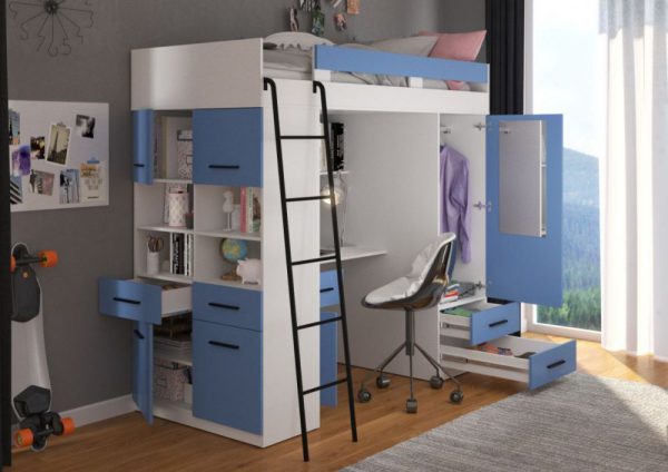 Zestaw młodzieżowy - łóżko piętrowe z biurkiem, szafą i półkami na książki KOLORY COMBI LEWE 1