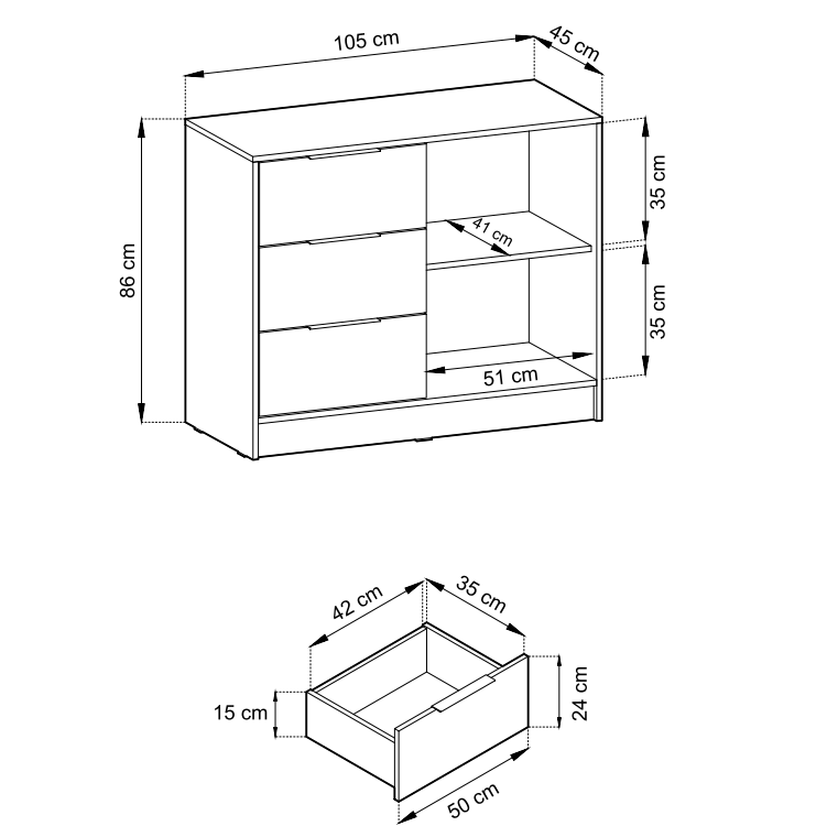 Komoda z lamelami 3 szuflady z drzwiami 105cm NOLA 1D3SZ różne kolory 9