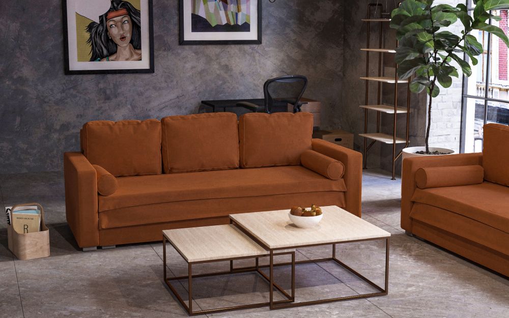 Miedziana kanapa rozkładana PIERRO - nietypowy kolor miedziany idealny do zgaszonych aranżacji loftowych. 
