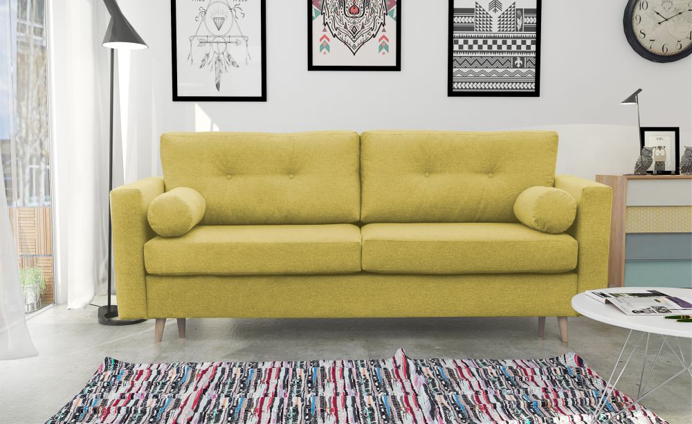 Sofa skandynawska z funkcją spania SWEDERN - orzeźwiający kolor musztardy.