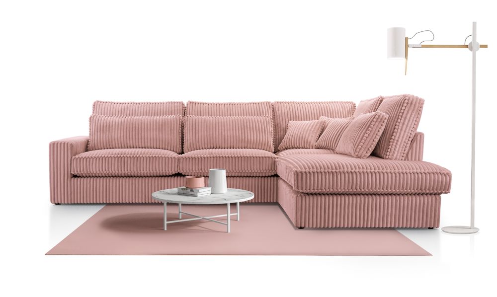 Wygodna kanapa narożna w aksamitnym sztruksie GIULIA. A może zdecydujesz się na różowy kolor?