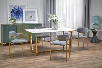 Marmurowy stół ze złotymi nogami w stylu glamour