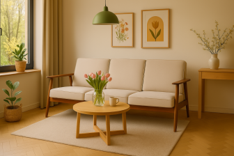 Jasnobeżowa sofa 3 osobowa w stylu retro