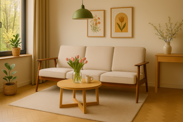 Jasnobeżowa sofa 3 osobowa w stylu retro