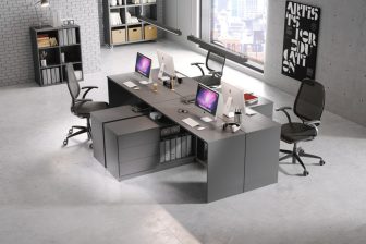 Biurko grafitowe narożne z komodą do biura