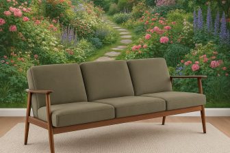 Oliwkowa sofa w stylu vintage