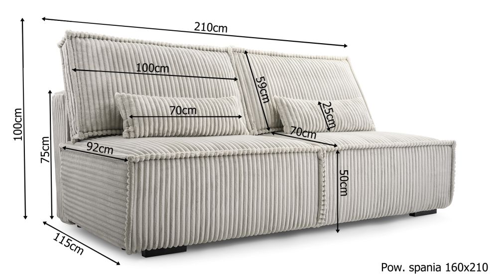 Sprężynowa sofa do kawalerki z bardzo dużą powierzchnią spania GENOVA 11