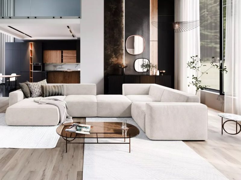 Kanapa narożna z funkcją spania i tkaniną łatwoczyszczącą w stylu glamour