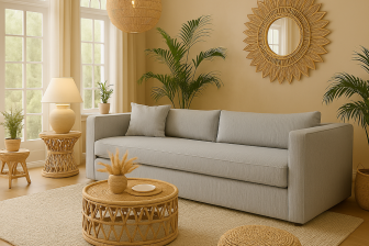 Szara sofa z materacem do spania codziennego