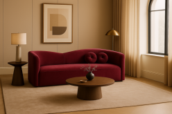 Burgundowa mała sofa półokrągła do salonu