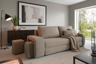 Rozkładana sofa z dwma chowanymi pufami w boku