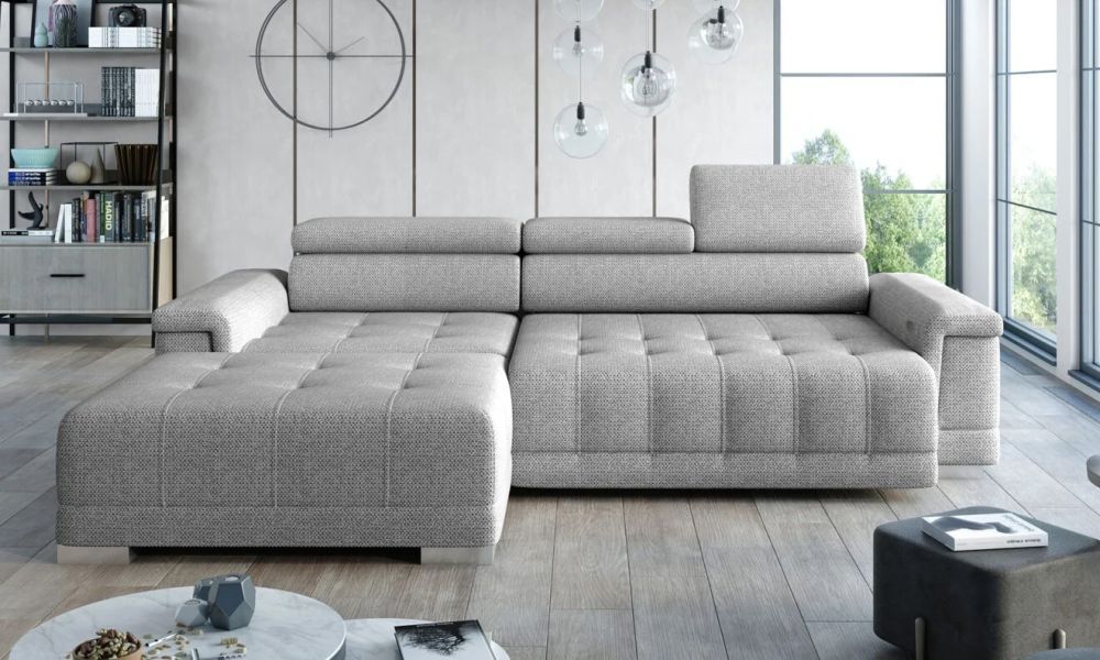 Narożnik z elektrycznym rozkładaniem CRESCENDO 1 1 Ekskluzywny narożnik pikowany z elektrycznym rozkładaniem z regulowanymi zagłówkami