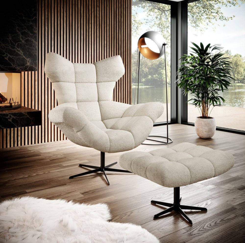 Nowoczesny fotel obrotowy z pufą