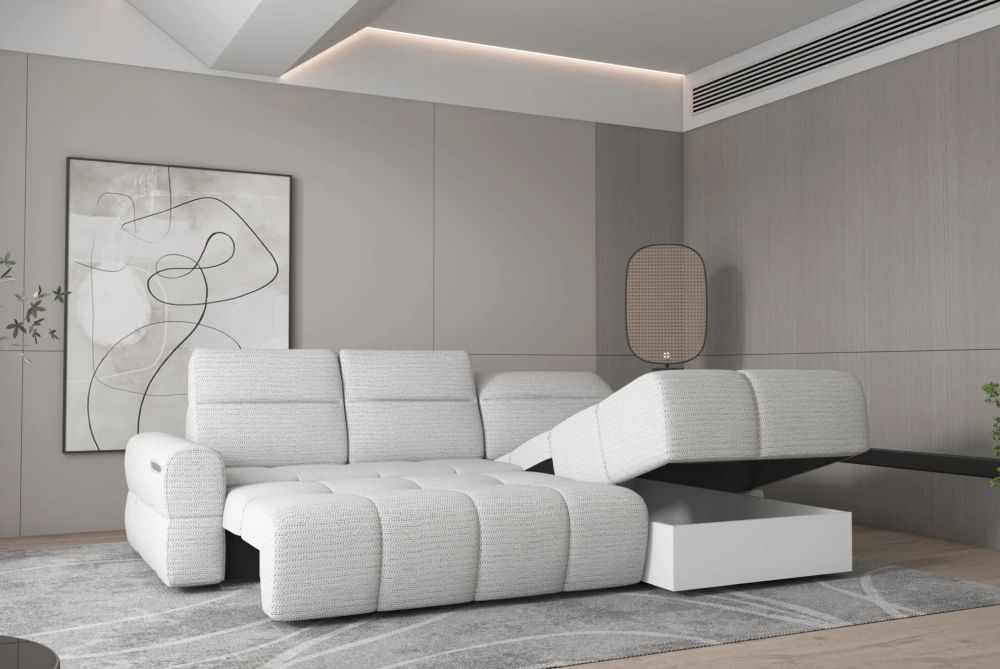 Elektryczna kanapa rogowa z funkcją spania z pojemnikiem na pościele