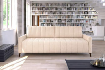 Rozkładana kanapa baranek boucle ze smukłymi nogami