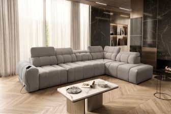 Nowoczesna długa kanapa narożna rozkładana z zasilaczem USB
