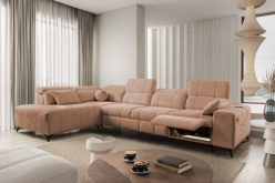 Narożnik z elektrycznymi gadżetami i funkcją spania DOLCE 11 MIX 20 CIemnobeżowy narożnik z elektrycznymi gadżetami i z funkcją spania