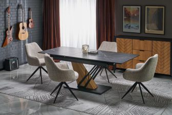 Zjawiskowy stół rozkładany marmur czarny z nogami dąb złoty 140-180 VOLANT 13 Zjawiskowy stół rozkładany marmurowy