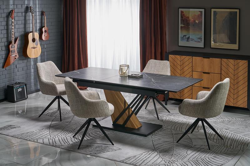 Zjawiskowy stół rozkładany marmur czarny z nogami dąb złoty 140-180 VOLANT 1 Zjawiskowy stół rozkładany marmurowy