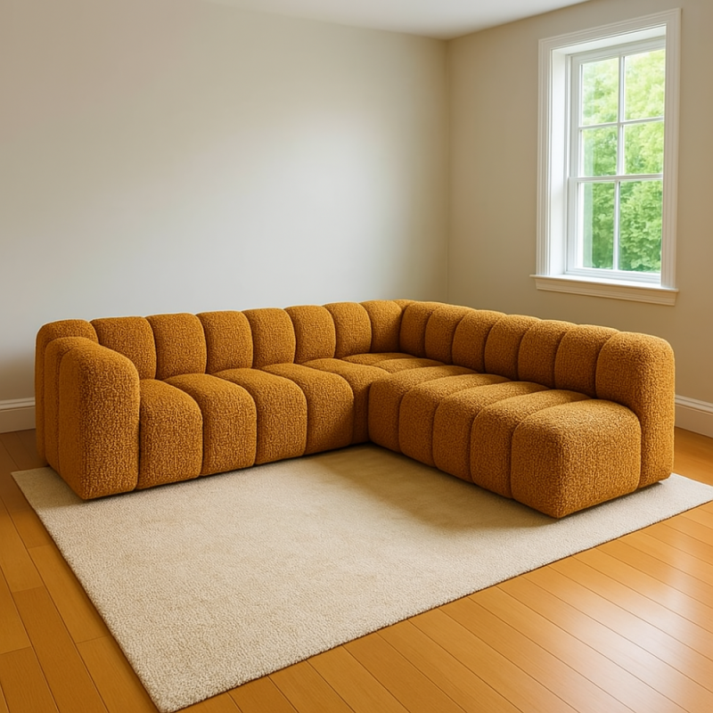 W jakich aranżacjach sprawdzi się narożnik kolor herbaciany? ☕️ 29 Symetryczna kanapa narożna herbaciana