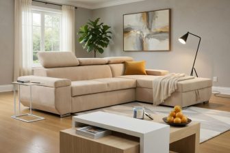 Beżowy nowoczesny narożnik z funkcją spania do ładnego salonu