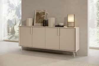 Minimalistyczna duża komoda na nogach 4 szafki w kolorze kaszmiru