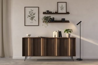 Duża komoda z szafkami ciemne drewno z LED 183 cm HEBAN 3 Wielka komoda na nogach ciemne drewno z oświetleniem ledowym