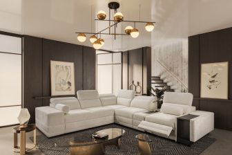 Ekskluzywna kanapa narożna rozkładana z podnóżkiem elektrycznym indukcją i barkiem ASTON 13 MIX 1