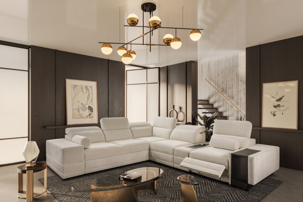 Ekskluzywna kanapa narożna rozkładana z podnóżkiem elektrycznym indukcją i barkiem ASTON 13 MIX 1 Ekskluzywna kanapa narożna rozkładana z podnóżkiem elektrycznym indukcją i barkiem ASTON 13 MIX