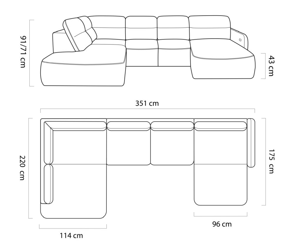 Elektrycznie rozkładany narożnik U z funkcją spania MELLORA 3 5