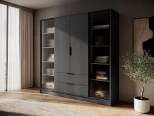 Wielka grafitowa szafa garderobiana ze szklanymi drzwiami