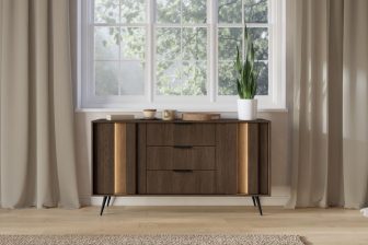 Komoda ciemne drewno z szufladami z LED 153 cm HEBAN 4 Komoda ciemne drewno z szufladami i szafkami na wysokich nogach