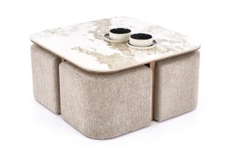 Ekskluzywna ława z beżowymi pufami do salonu ARAKIS 70 Ekskluzywna ława z pufami