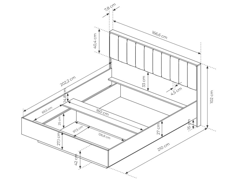 Łóżko ciemne drewno z unoszonym stelażem 160x200 HEBAN 9
