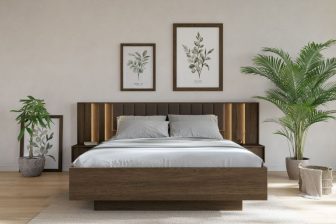 Łóżko ciemne drewno z unoszonym stelażem 160x200 HEBAN 6 Łóżko dwuosobowe ciemne drewno ze stolikami nocnymi