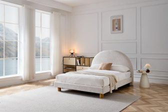 Tapicerowane łóżko z okrągłym zagłówkiem 160x200 TURI 446 Beżowe łóżko z okrągłym zagłówkiem