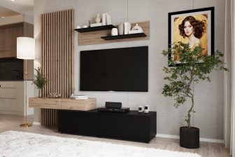 Mała meblościanka z szafką RTV CAMINO 513 Mała meblościanka z lamelami z szafką RTV