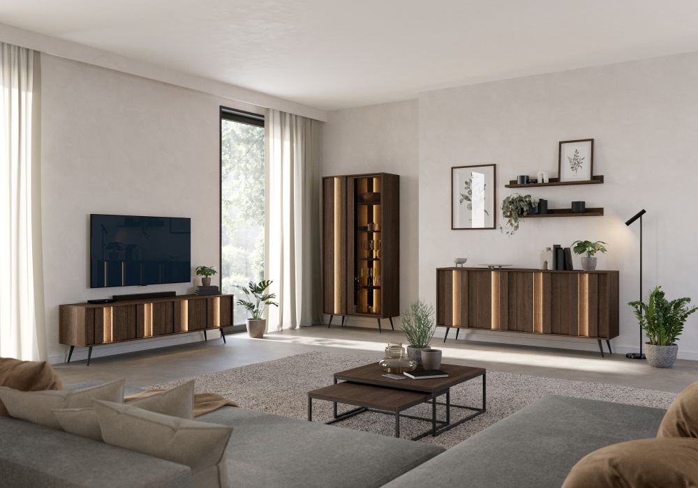 Witryna ciemne drerwno z LED HEBAN 10 Meble ciemne drewno do salonu