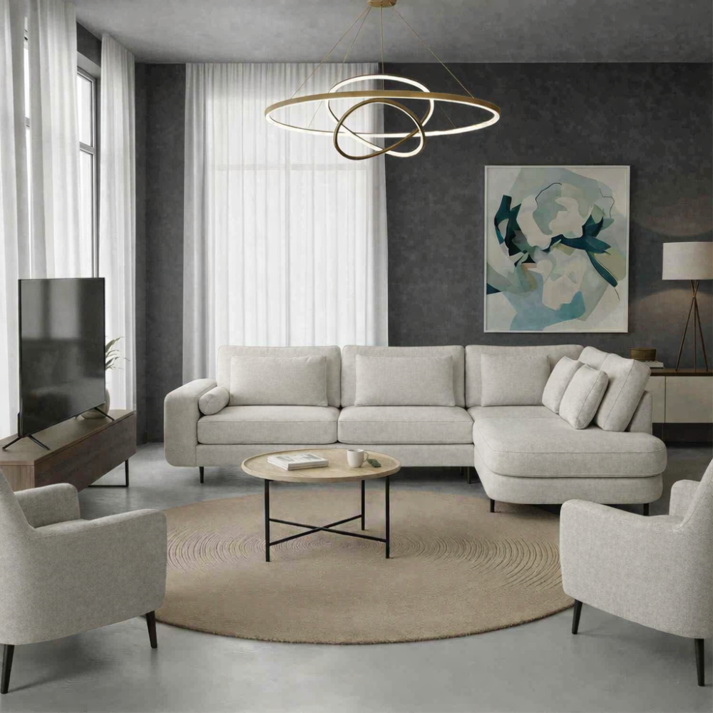 Nowoczesny narożnik do salonu z dużą ilością poduszek