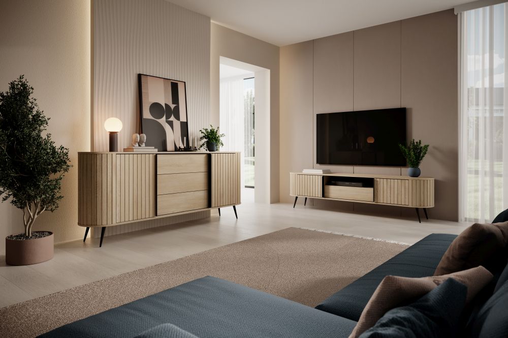 Wielka owalna komoda z przesuwnymi drzwiami 196 cm FLOW 5 Owalne meble