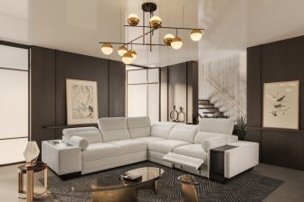 Rozkładana symetryczna kanapa narożna z barkiem podnóżkiem i indukcją ASTON 3 MIX 9