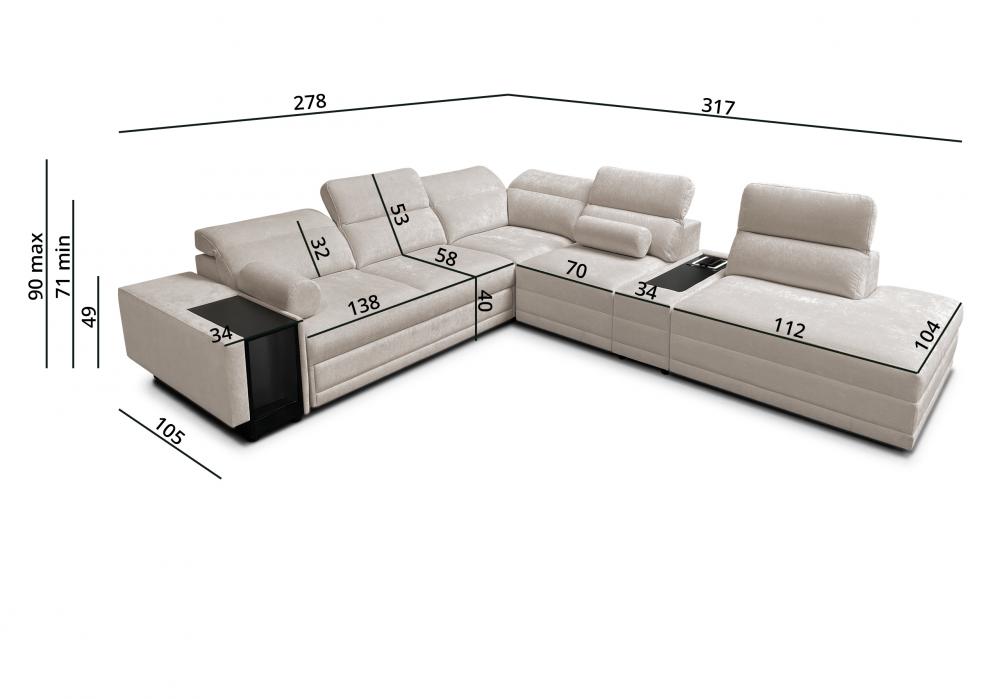 Rozkładany narożnik do wielkiego salonu w domu z ukrytym barkiem i ładowarką ASTON 16 18